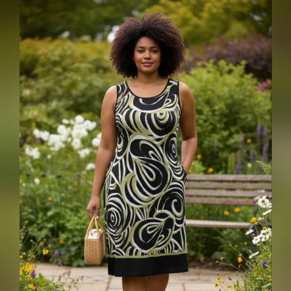 Studio I Black and Green Patterned Midi Dress